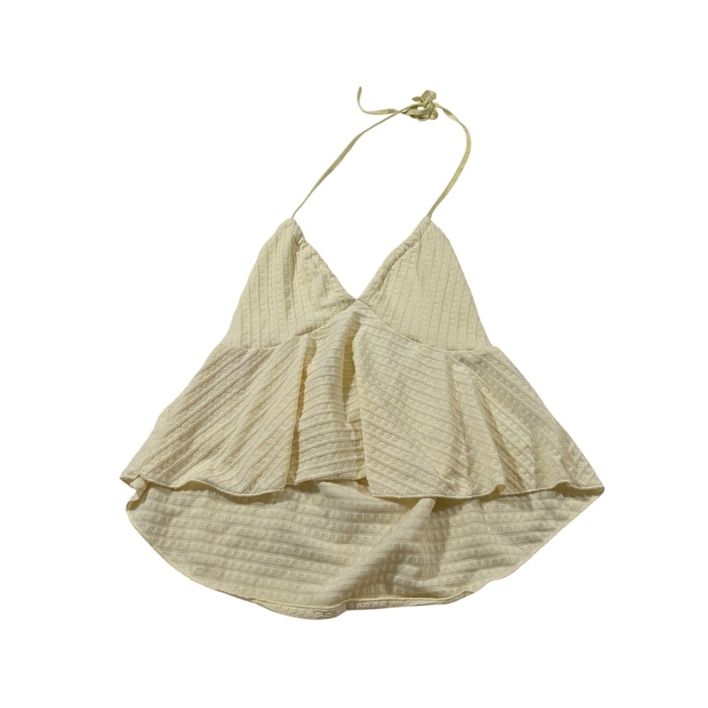 Pastel Yellow Halter Top Waffle Knit Peplum Boho Festival Fairycore Coastal S